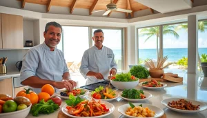 Private chef Sint Maarten crafting exquisite dishes with fresh ingredients in a luxurious kitchen.