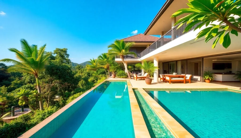 Villa management Phuket: overseeing a beautiful tropical villa with a pool and lush gardens in the sunlight.