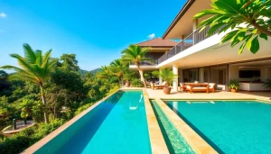 Villa management Phuket: overseeing a beautiful tropical villa with a pool and lush gardens in the sunlight.