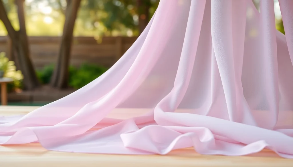 Mousseline stof met delicate texturen en pastelkleuren op een houten tafel.