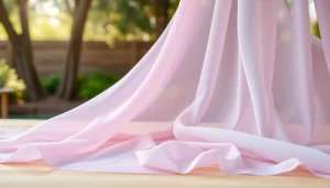 Mousseline stof met delicate texturen en pastelkleuren op een houten tafel.