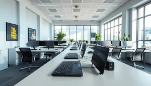 Streamlined typing center showcasing modern equipment and a bright workspace.