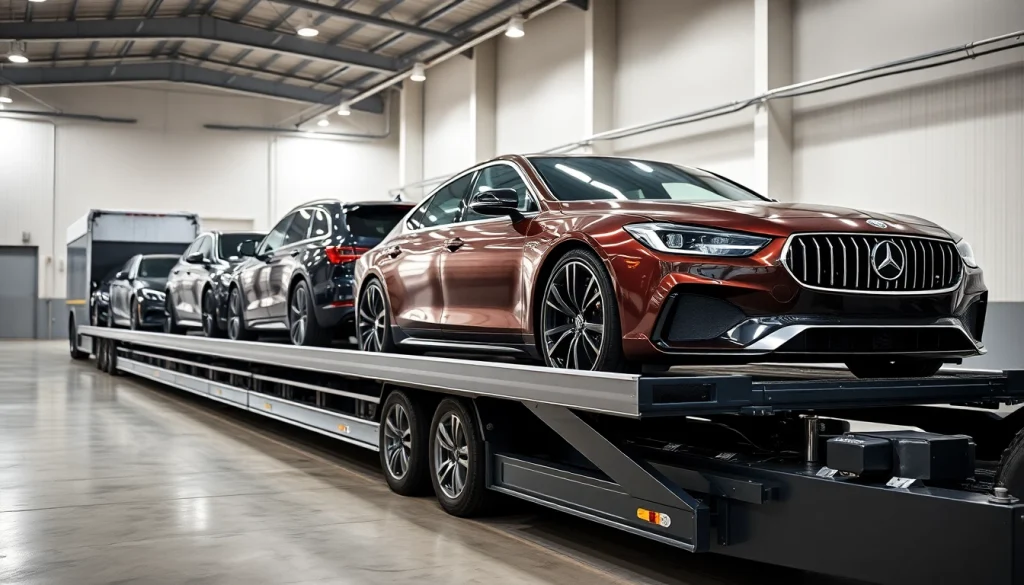 Car shipping company showcasing luxury vehicles on a transport trailer in a modern warehouse.