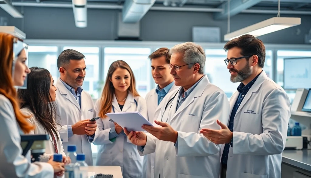 Engaging scene of ADAPTABLE Aspirin Study team collaborating with advanced technology in a lab.