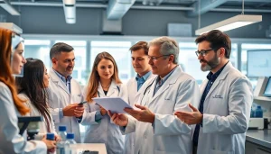 Engaging scene of ADAPTABLE Aspirin Study team collaborating with advanced technology in a lab.