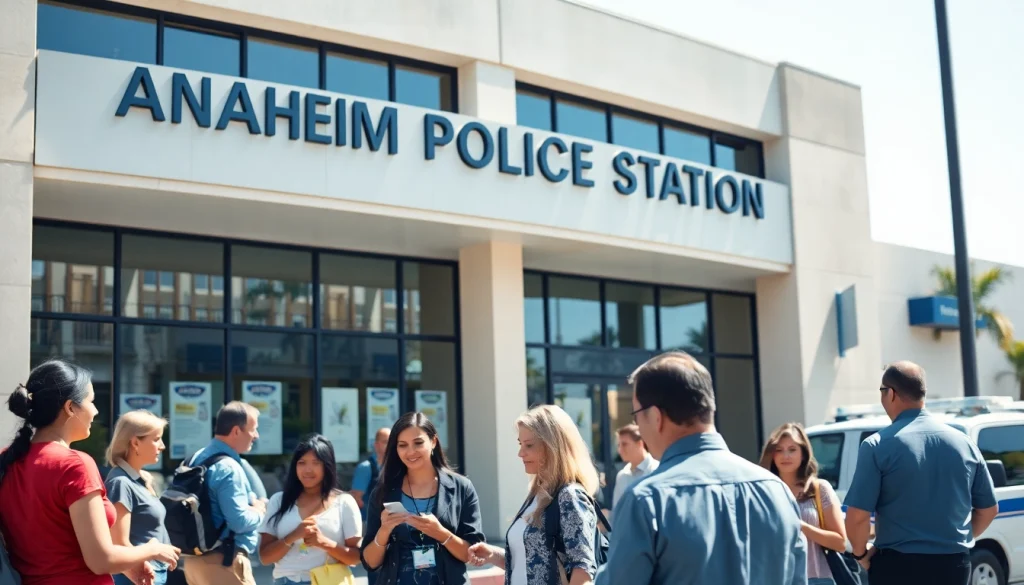 Conducting an Anaheim inmate search outside the Anaheim Police Station with a professional atmosphere.