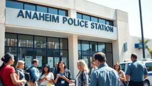 Conducting an Anaheim inmate search outside the Anaheim Police Station with a professional atmosphere.