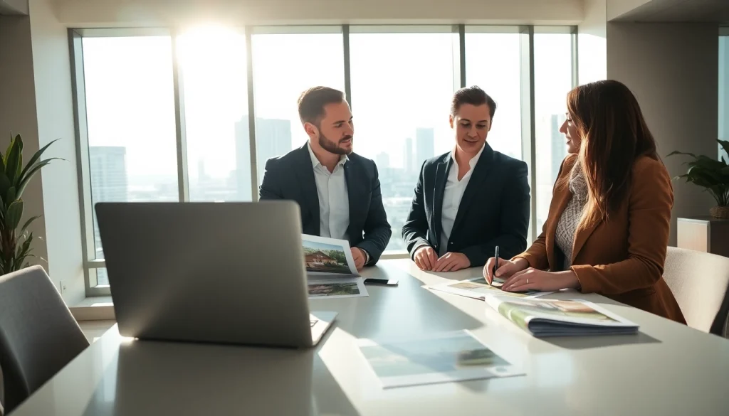 Engaging real estate discussion highlights agents assisting clients with property inquiries.