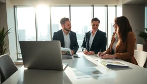 Engaging real estate discussion highlights agents assisting clients with property inquiries.