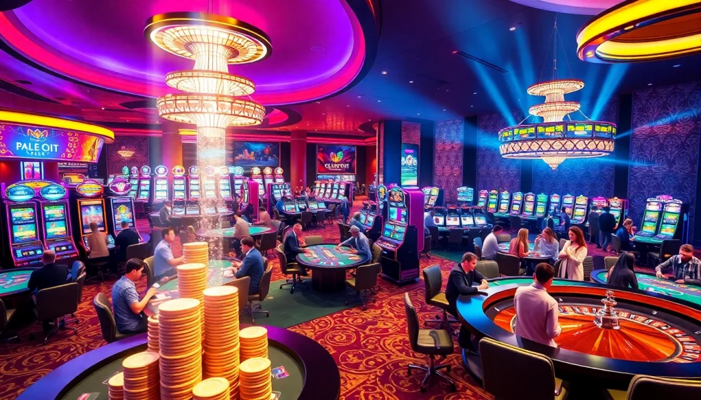 Experience the vibrant gambling world of KJC AC 1 with players enjoying casino tables and slot machines.