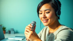 Engaging user experiencing https://www.speechlyapp.com transformation in voice interaction within a modern workspace.