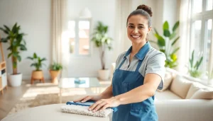 Cleaning Service in a bright home with a professional cleaner organizing the space.