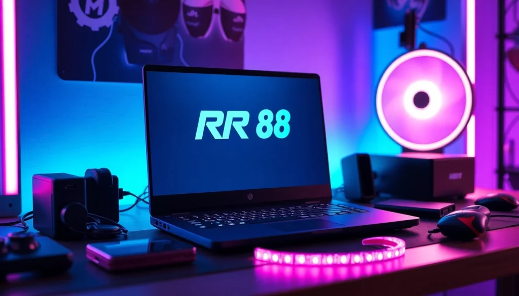 Enhance your gaming experience with the RR88 gaming setup featuring a sleek laptop and high-tech gadgets.