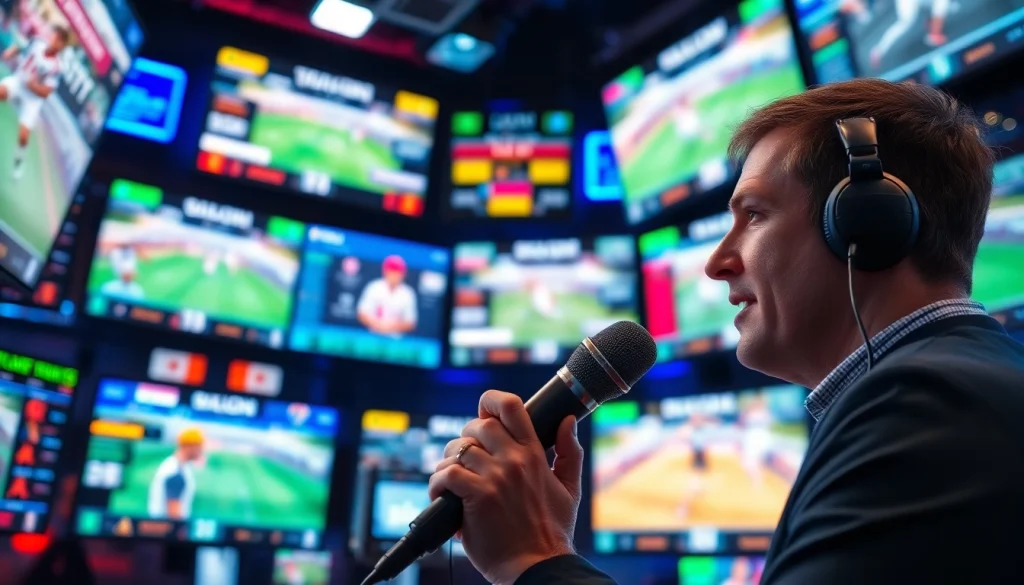 스포츠중계에서 생중계하는 열정적인 해설자의 모습