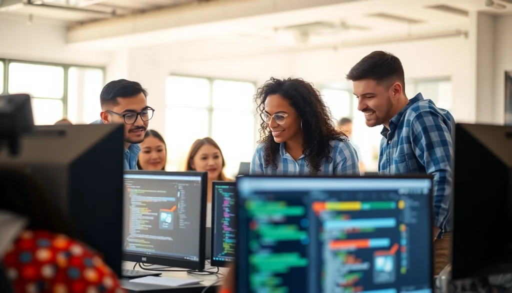 Ontwikkelaars samenwerken aan projecten met https://nugevonden.nl in moderne kantoorruimte.