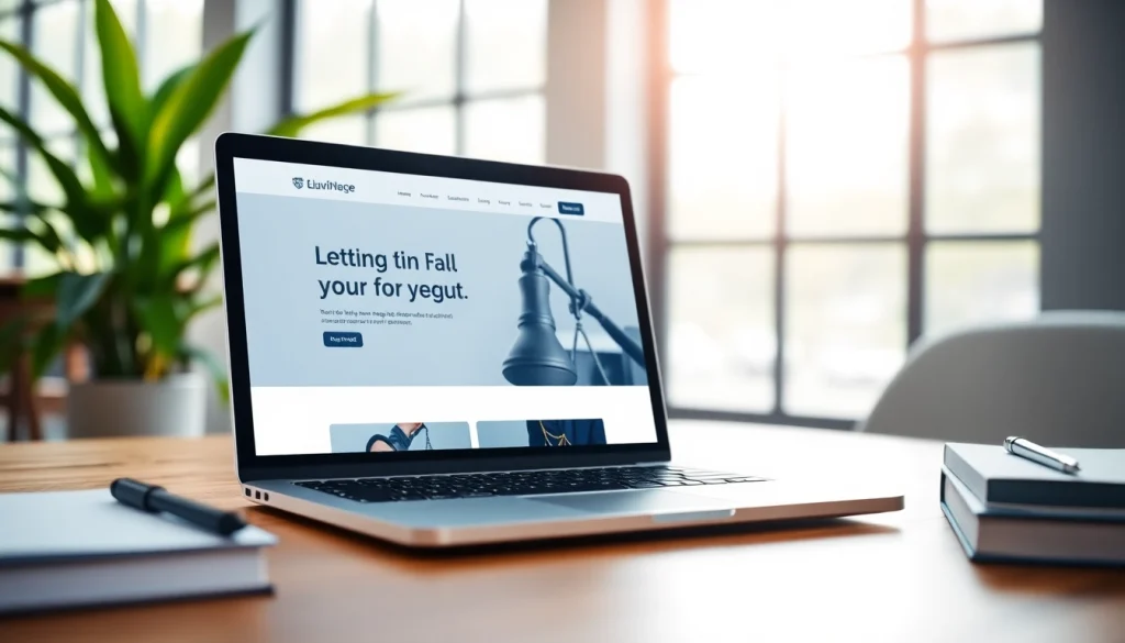 Design a professional law firm website at https://www.websites.law with a sleek laptop and modern workspace.