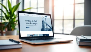 Design a professional law firm website at https://www.websites.law with a sleek laptop and modern workspace.