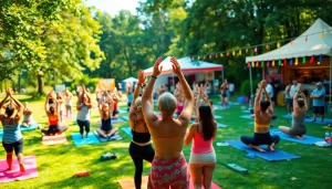 Participants enjoying a yoga festival, practicing yoga outdoors among vibrant decorations and nature.