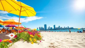 Experience the vibrant St. Pete beach culture with colorful umbrellas and city skyline in the background.