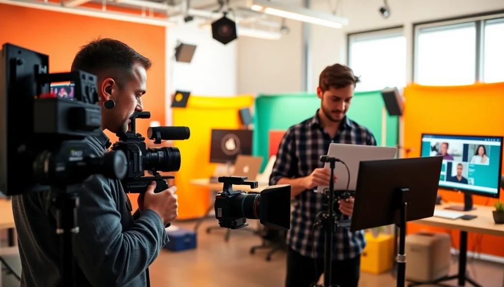 Engaging scene of a Professional Video Production team collaborating in a dynamic studio setting.