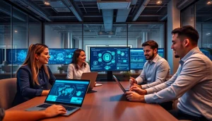 HERO Managed Services Tampa team collaborating in a modern office with high-tech devices.