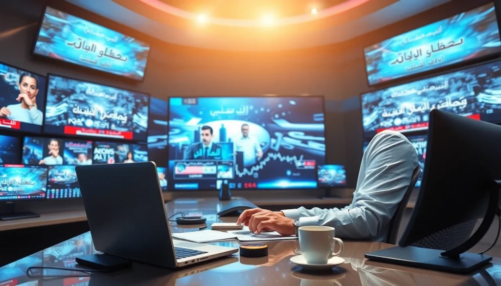 تغطية اخبار العرب في غرفة أخبار عصرية مع شاشات رقمية وتفاصيل احترافية.