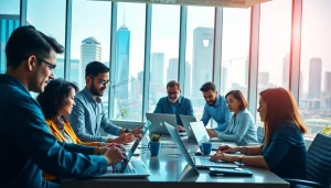 Collaborating on technology innovations in a vibrant modern workspace.