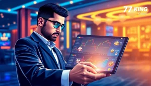 79king branding on a sleek device with dynamic charts and casino icons, conveying trust and innovation