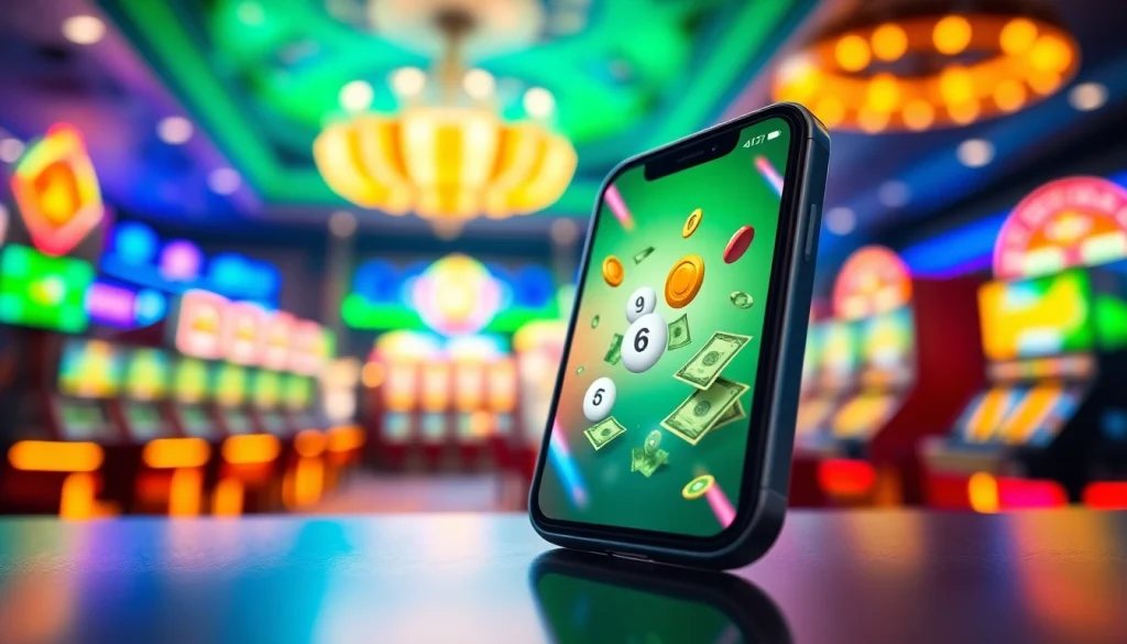 Menampilkan aplikasi virus4d dengan desain modern di latar belakang atmosfer kasino yang meriah.