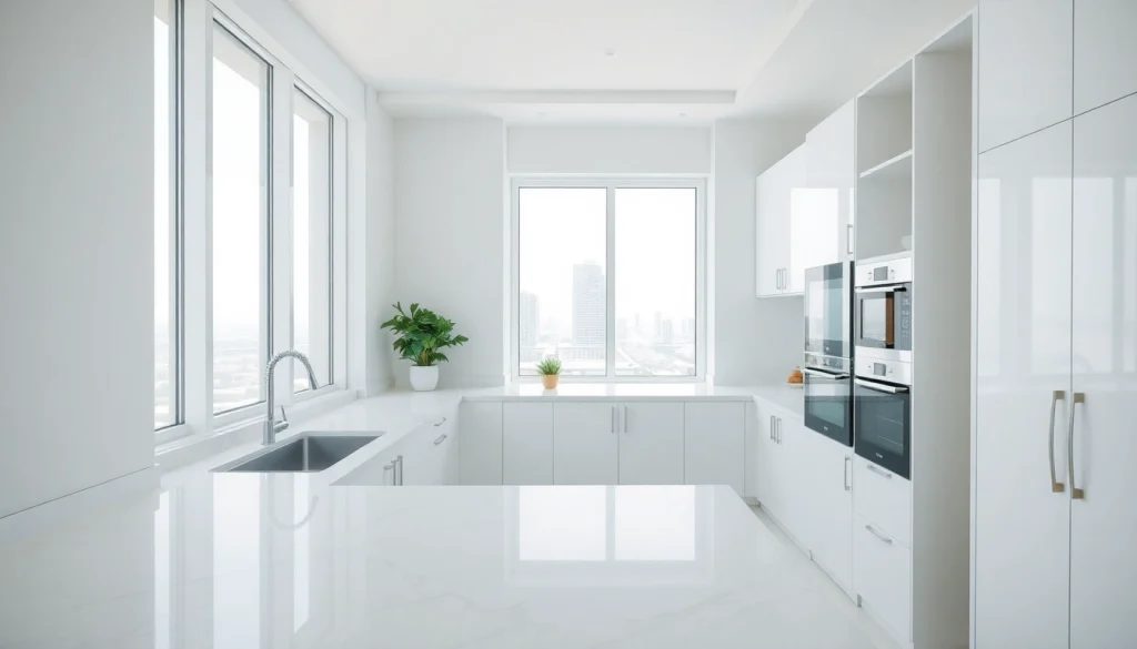 Kitchen deep cleaning Dubai showcasing a spotless modern kitchen with gleaming appliances and organized spaces.