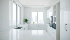 Kitchen deep cleaning Dubai showcasing a spotless modern kitchen with gleaming appliances and organized spaces.