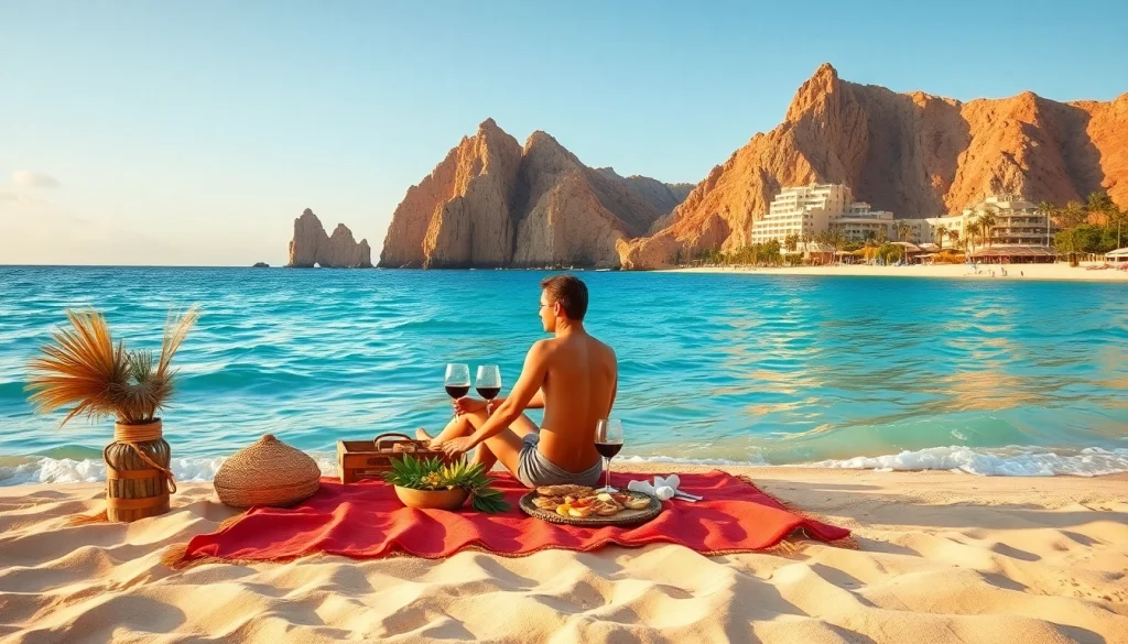 Cabo San Lucas travel scene with a couple enjoying a sunset picnic by the beach.