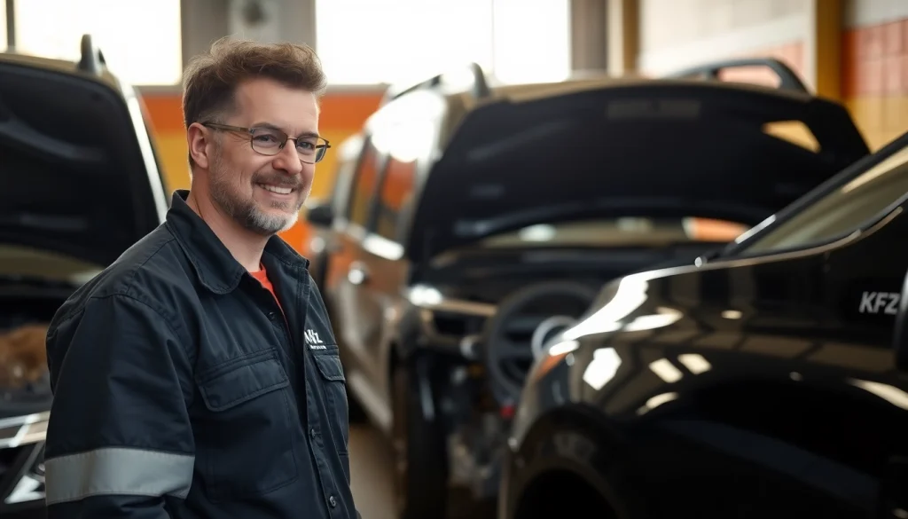 KFZ Gutachter Aachen inspiziert ein beschädigtes Auto in einer modernen Werkstatt.