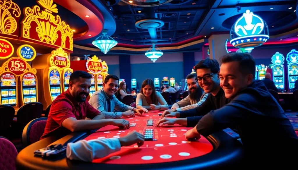 Mendorong kemenangan di kasinojitu dengan pemain antusias yang merayakan kemenangan.