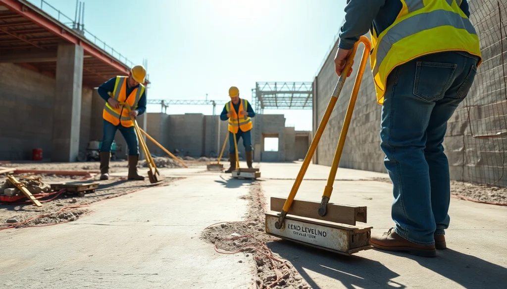 Concrete Leveling in action with workers using tools on a construction site.