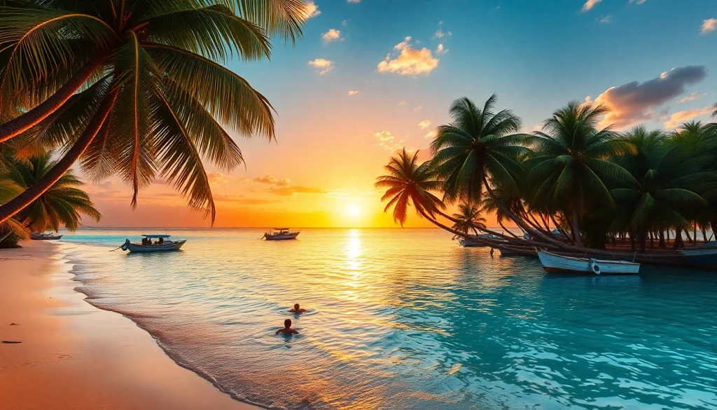 Praia de Paripueira com água turquesa e palmeiras ao pôr do sol.