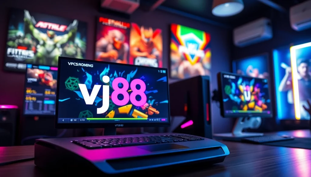 Engaging vj88 gaming logo integrated in a dynamic gaming environment showcasing high-tech features.