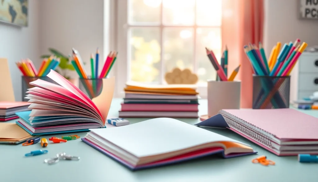 Showcase of colorful stationery items on a workspace, emphasizing creativity and organization.