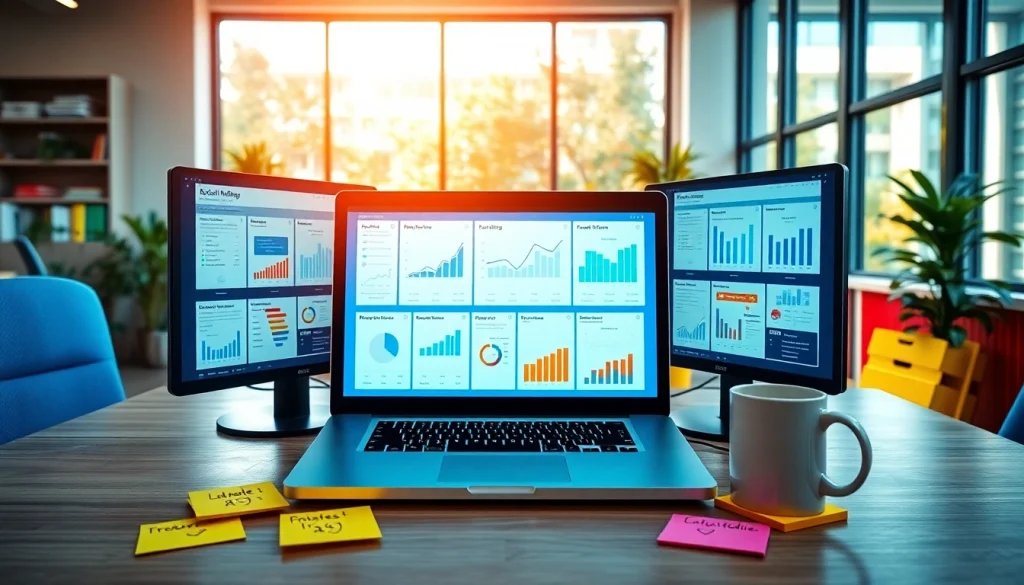 Analyze performance metrics of social media panels in a vibrant marketing workspace.