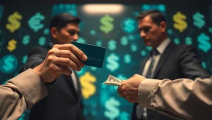 카드깡의 불법적인 현금 거래를 상징하는 두 사람의 거래를 묘사한 이미지