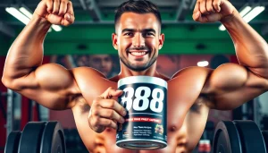 Muscular athlete celebrates with new fitness product labeled 888 new, showcasing strength.
