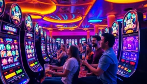 Permainan slot gacor dengan pemain bersemangat dan mesin berwarna cerah.