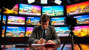 Covering news events at https://www.slavicsac.com with a focused journalist in a vibrant newsroom.