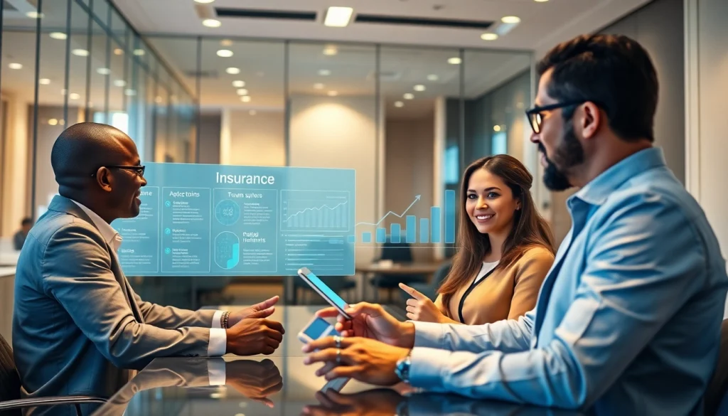 79king insurance platform in modern office with advisor explaining plans to clients, futuristic and professional scene