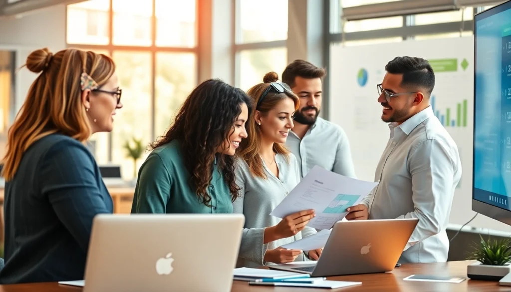 Collaborative team in a vibrant office environment, emphasizing teamwork at https://whatalker.com.