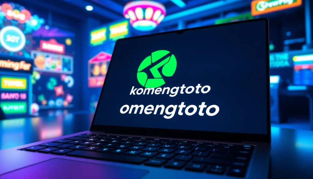 Menampilkan logo komengtoto pada laptop dengan lingkungan permainan yang dinamis.