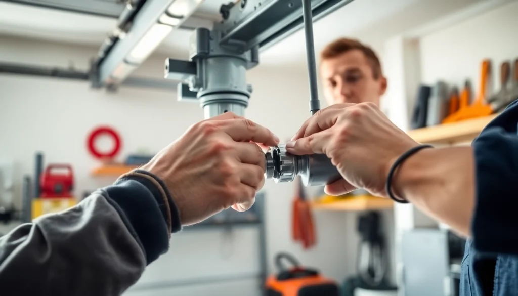 Garage Door Repair expert skillfully fixing a garage door mechanism in a bright workspace.