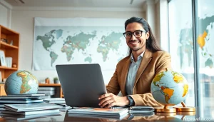 Engaging travel advisor working with materials from https://travelvixta.com in a vibrant office.