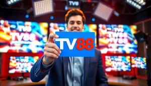 Engaging broadcaster presenting vibrant content for TV88 in a modern studio setting.
