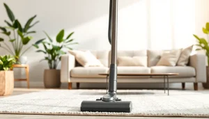 Vacuum cleaning a stylish modern living room, highlighting its sleek design and functionality.